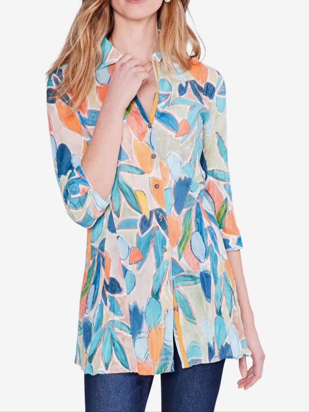 NIC+ZOE Citrus Grove Long Crinkle Shirt in a Blue Multi floral Print Size XL